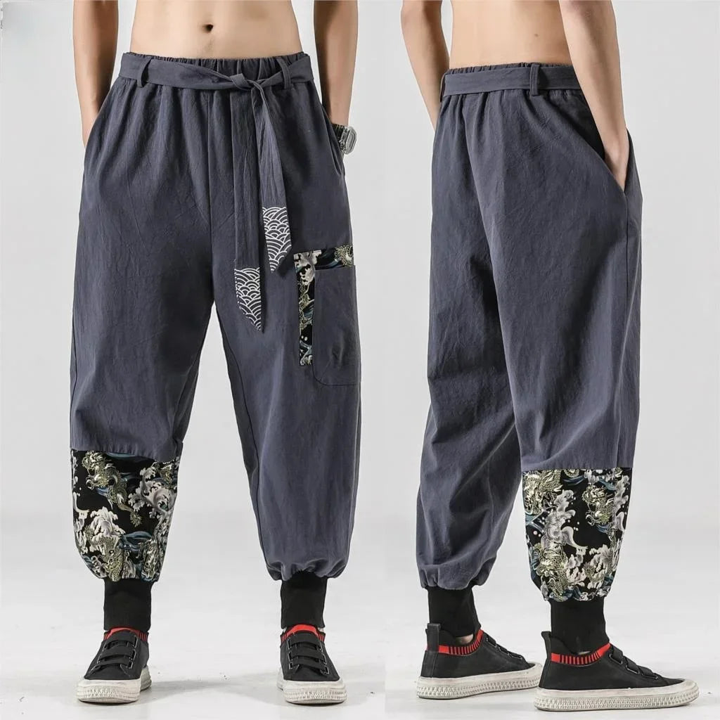 Amazon.com: Men's Japanese Kimono Turnip Pants Cotton Linen Print Harem  Pants Hip Hop Harajuku Trousers : Clothing, Shoes & Jewelry